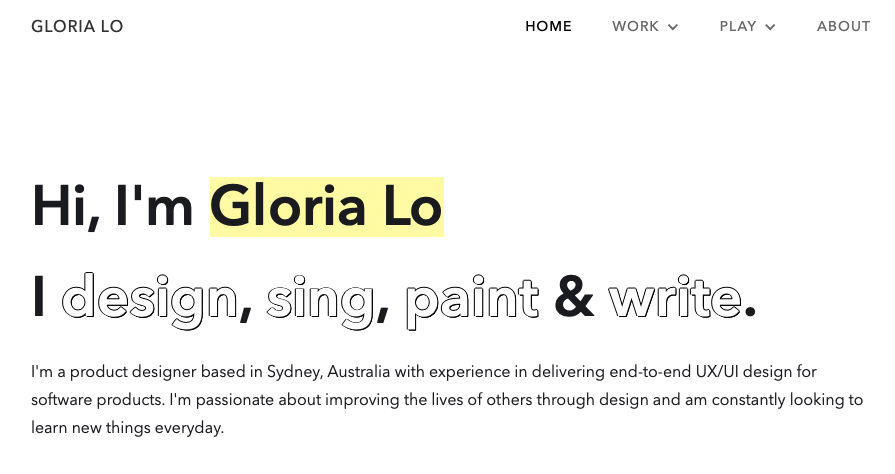 Landing page of Gloria Lo’s UX design portfolio.